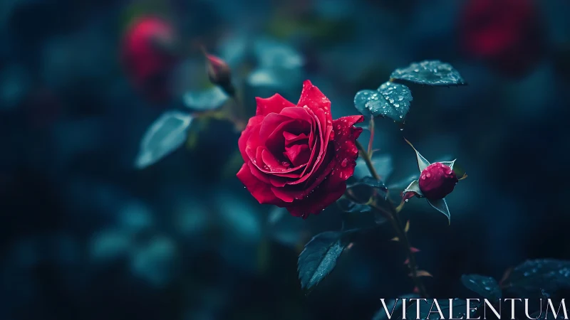 Deep Red Rose Glistens with Raindrops in Moody Garden Light.