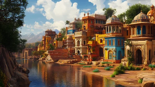 Riverside rainbow palaces bask in sunlit storybook calm.