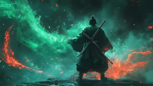 Samurai silhouette with dual swords amid red and green energy.