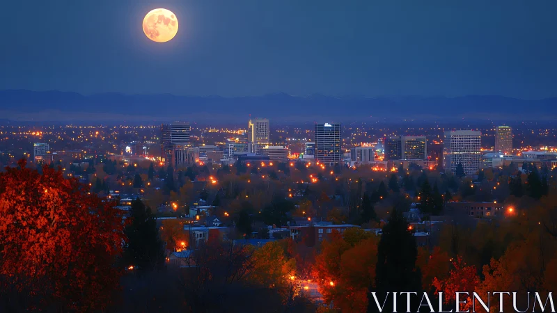 Harvest moon rising over a cozy, lantern-lit cityscape.