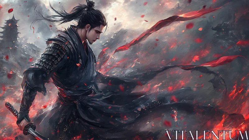 Samurai warrior strides through burning storm of scarlet embers