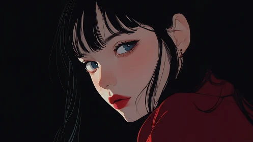 Side profile illustration of dark haired woman on black.