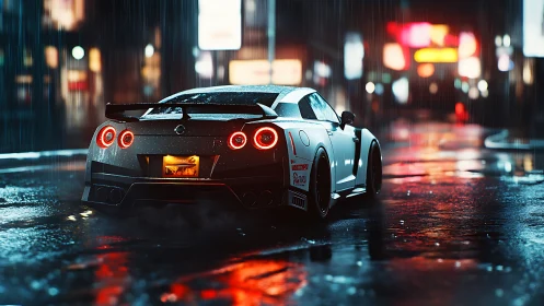 Nissan GT-R rear view in neon-lit wet urban street at night