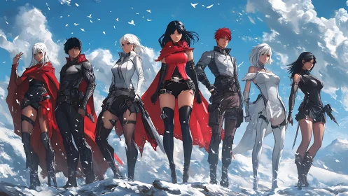 Dynamic anime squad lineup on panoramic snowy ridge.