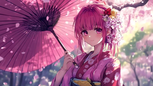 Blossom-kissed anime girl under parasol of drifting petals.