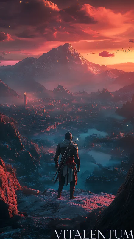 Lone adventurer gazing over a glowing fantasy kingdom.