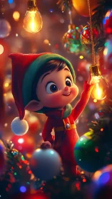 Cheerful Christmas elf lights up a glowing festive tree