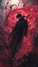 Dark figure suspended in swirling red chaotic energy storm.