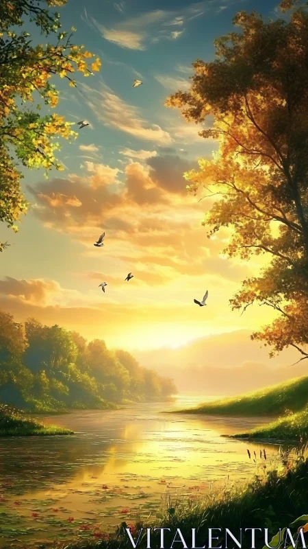 Golden river evening where quiet light meets drifting birds.