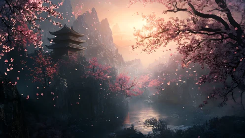 Sunlit cherry blossoms frame tranquil mountain temple valley.