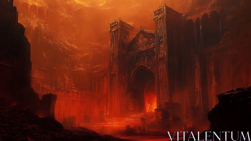 Infernal cathedral gate rises in lava-lit cavernous environment