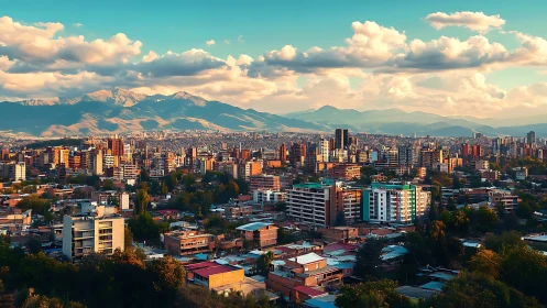 Sunlit urban skyline framed by distant mountain ranges.