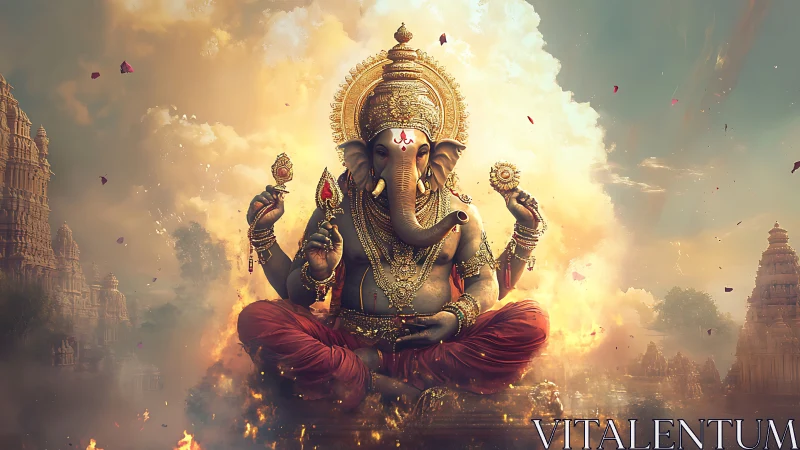 Majestic digital artwork of Ganesha in glowing temple sky.