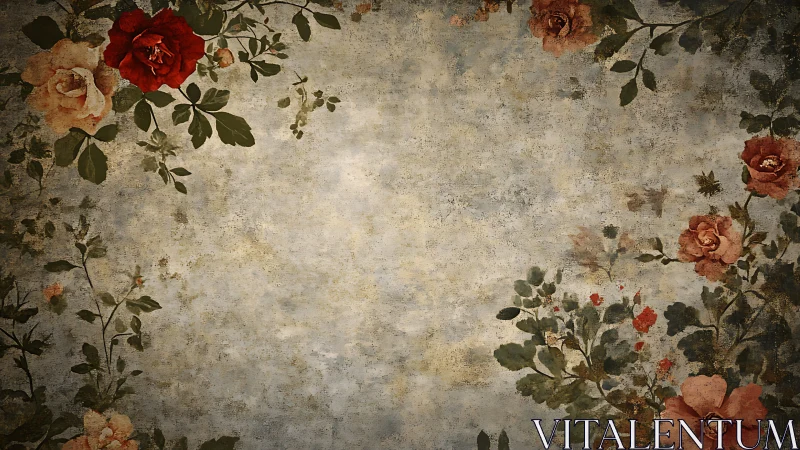 Vintage floral border with distressed textured parchment field