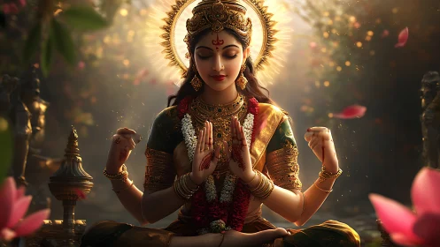 Radiant multi-armed deity in lotus meditation, volumetric light.