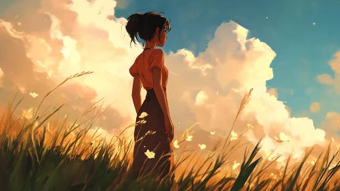 Young woman wandering through sunset fields of quiet wonder.