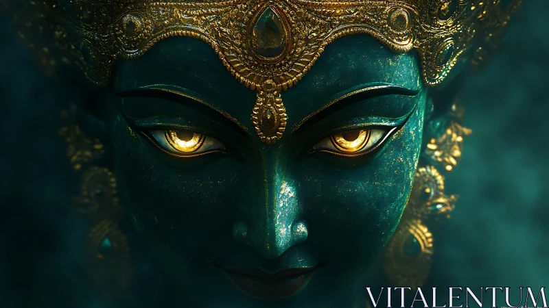 Digital painting of jeweled goddess mask with luminous gaze.