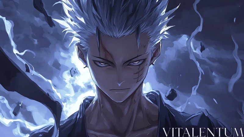 Stormlit silver haired anime antihero portrait with blue energy