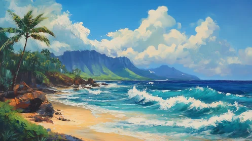 Tropical coastal landscape with mountain formation and surf waves.
