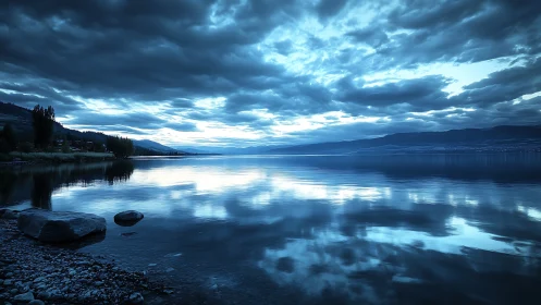 Calm blue lake at dusk wrapped in gentle mirrored clouds.