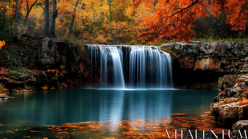 Serene waterfall pours into a still pool beneath autumn trees