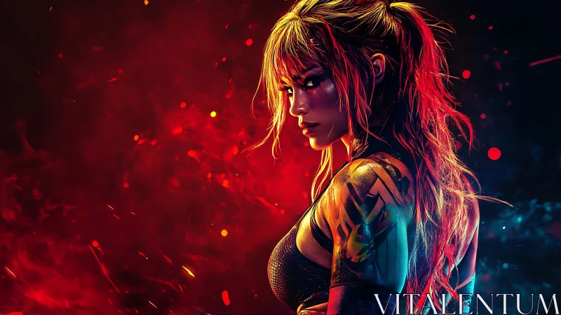 Cyberpunk warrior portrait in dual-tone neon inferno lighting.