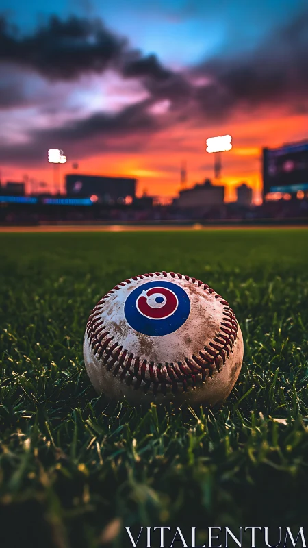 Baseball close-up on outfield grass under vivid sunset.