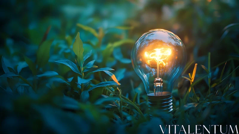 Illuminated tungsten bulb nested in low-light foliage environment.