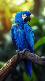 Hyacinth blue parrot perched on branch in forest habitat.