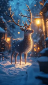 Reindeer stands in snow under warm street lantern light