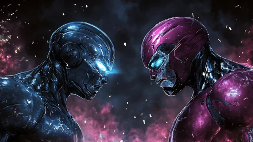 Neon clash of twin robots in a crackling cosmic standoff.