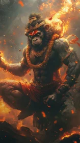 Digital painting of divine warrior monkey amid flames.