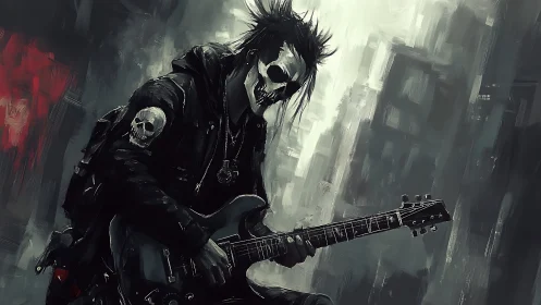 Skull faced guitarist sits in dark urban digital artwork