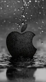 Monochrome Apple logo with water droplets in vertical frame.