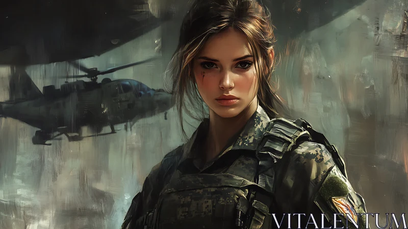 Calm soldier’s gaze in a storm of blades and rotor wash.