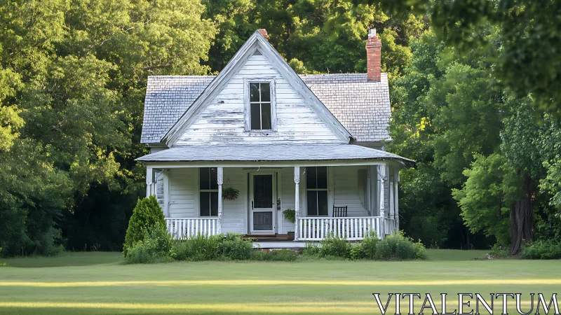 White wooden cottage with porch in green tree setting.