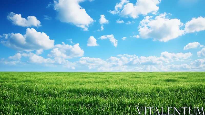 Vast green meadow under vivid blue sky and soft clouds.