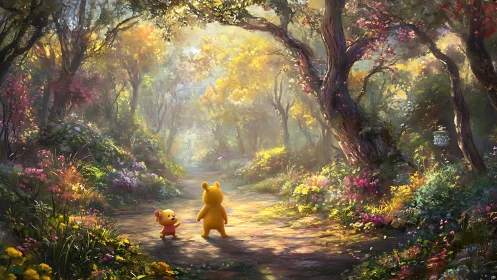 Luminous Forest Sanctuary: Anthropomorphic Ursine Characters in Enchanted Woodland