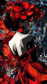 Flamenco-inspired woman in red blossoms stands in profile.