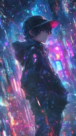Hooded youth stands amid dense neon-lit digital cityscape