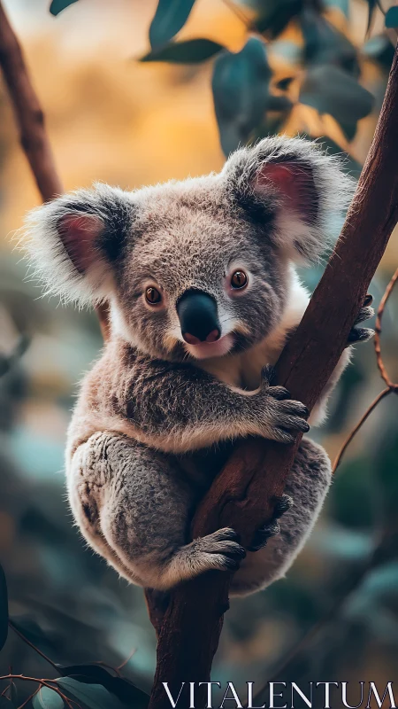 Gentle koala perched on a sunlit branch, quietly curious.
