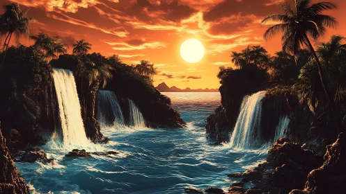 Digital seascape depicts dual coastal waterfalls at sunset
