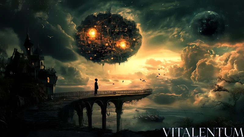 Floating spherical city structure hovers above coastal bridge