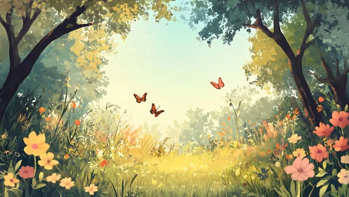 Sunlit forest glade holds wildflowers and drifting butterflies
