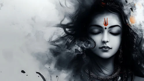 Silent goddess inhales swirling smoke and exhales moonlight