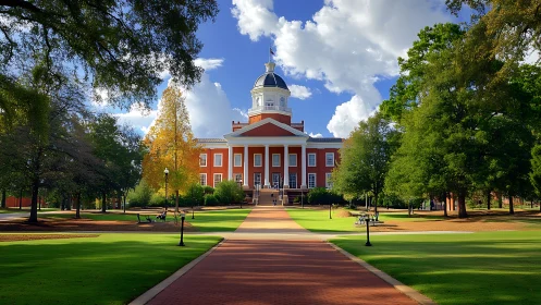 Grand red-brick campus hall framed by lush seasonal trees.