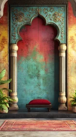 Colorful arched alcove with red cushion and travel daydreams.