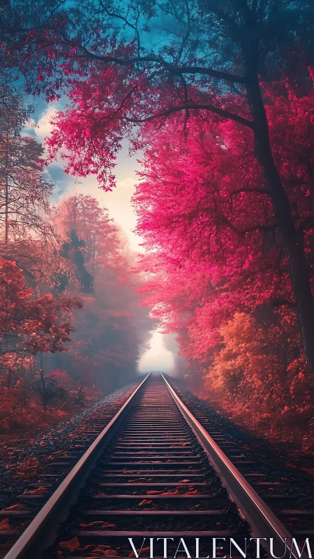 Rails slip toward a cotton-candy horizon through burning trees