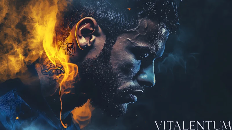 Fiery athlete portrait merges focus, sweat and glowing flames