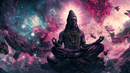 Cosmic yogi in lotus posture amid nebular astral vortex